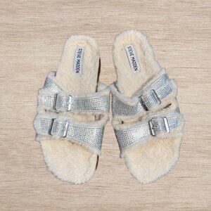 Steve Madden Sliver Rhinestone Buckle Cozy Fuzzy Slides Slippers Women's Size 6